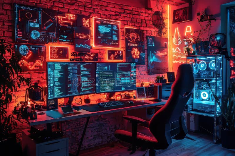 Cyberpunk gaming setup with neon lights